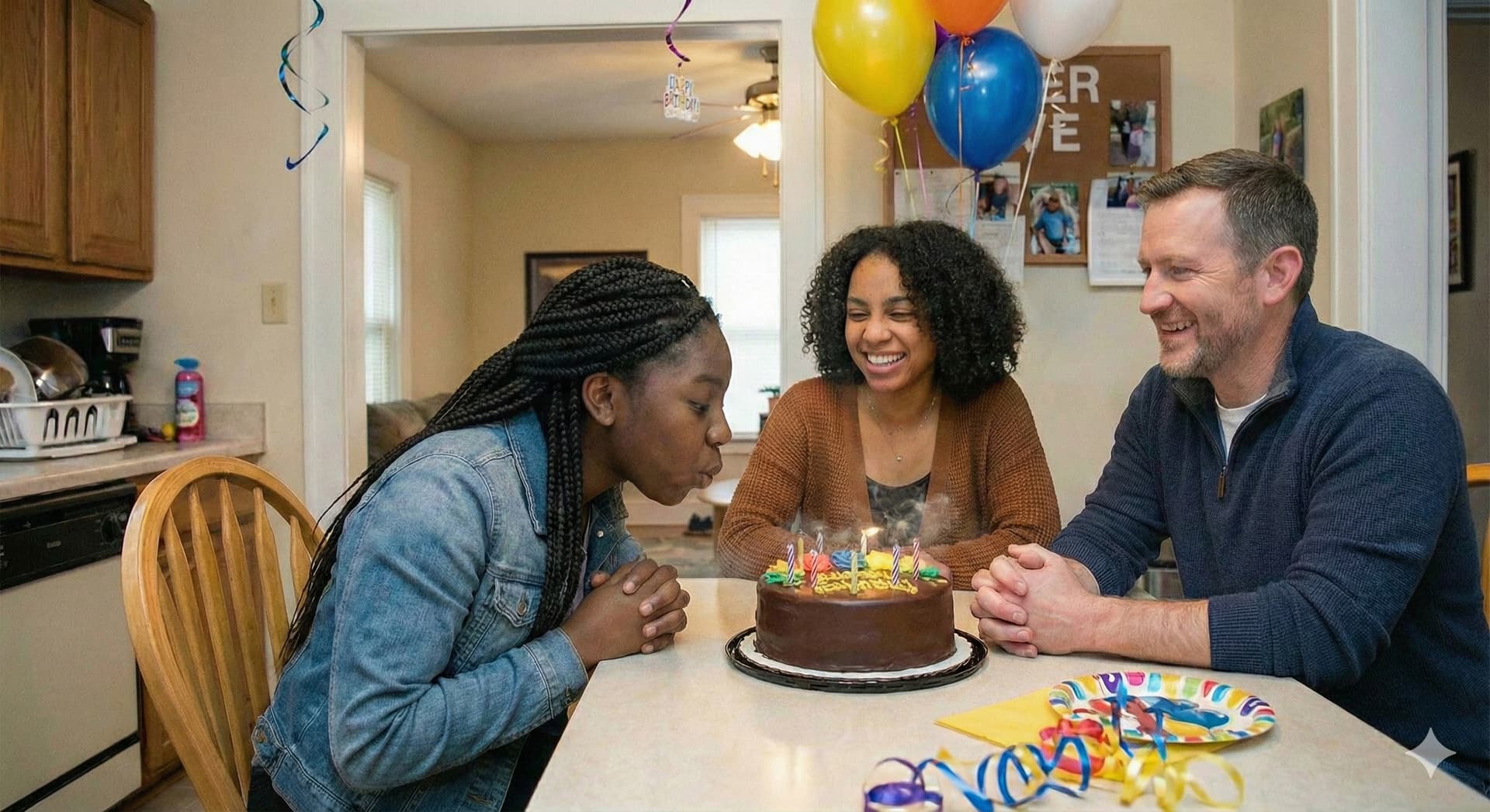 A foster family celebrating a birthday together